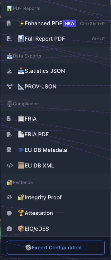 Export menu showing compliance artefacts: FRIA, FRIA PDF, EU database metadata and XML, integrity proof and attestation
