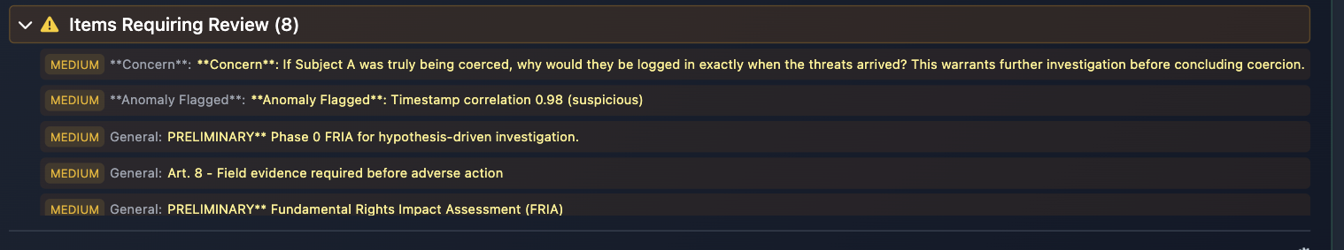 Items requiring review: eight medium-severity items, including a coercion concern, a flagged timestamp anomaly and several preliminary FRIA and field-evidence requirements