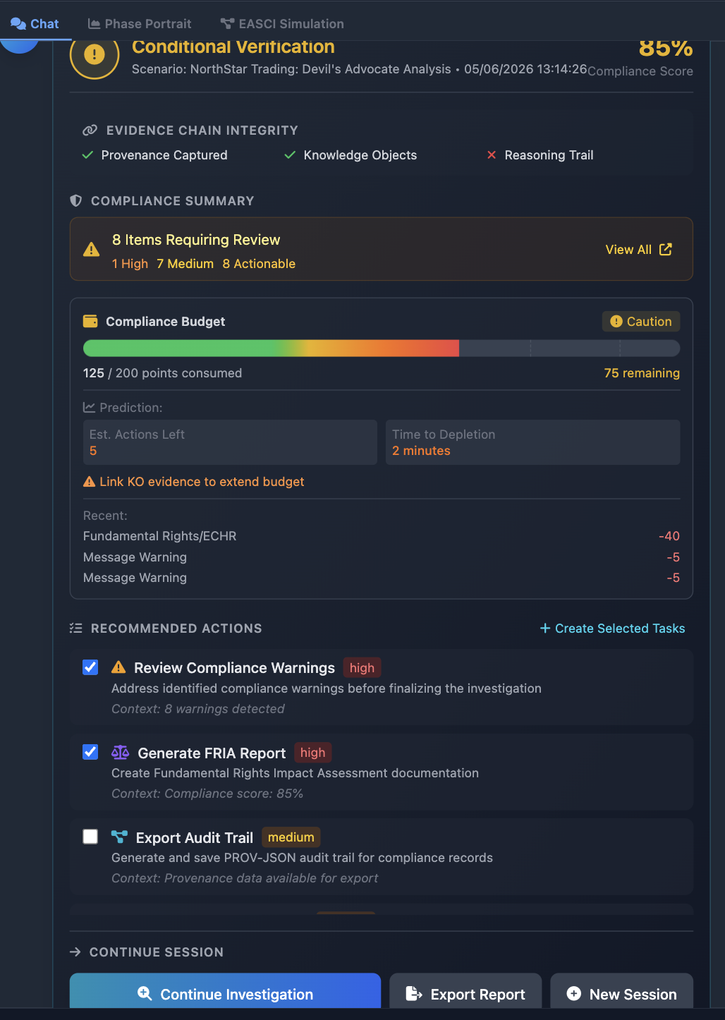 Compliance report showing an 85 percent compliance score, evidence chain integrity checks, eight items requiring review and recommended actions including generating a FRIA report and exporting the audit trail