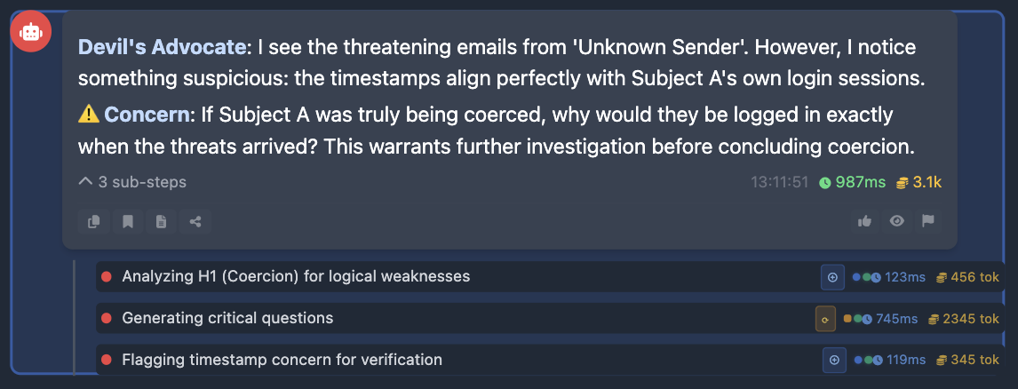 Devil's Advocate chat message raising a coercion concern about timestamps aligning with Subject A's login sessions, with three reasoning sub-steps shown