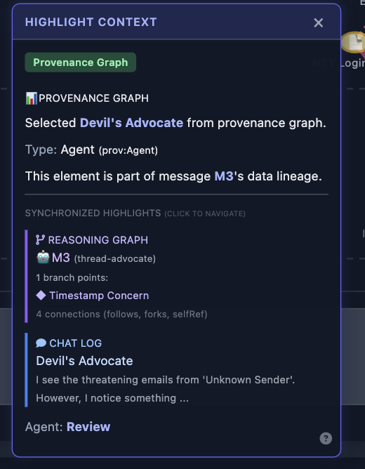 Highlight context popup showing data lineage, element type and synchronized source references for an AI output